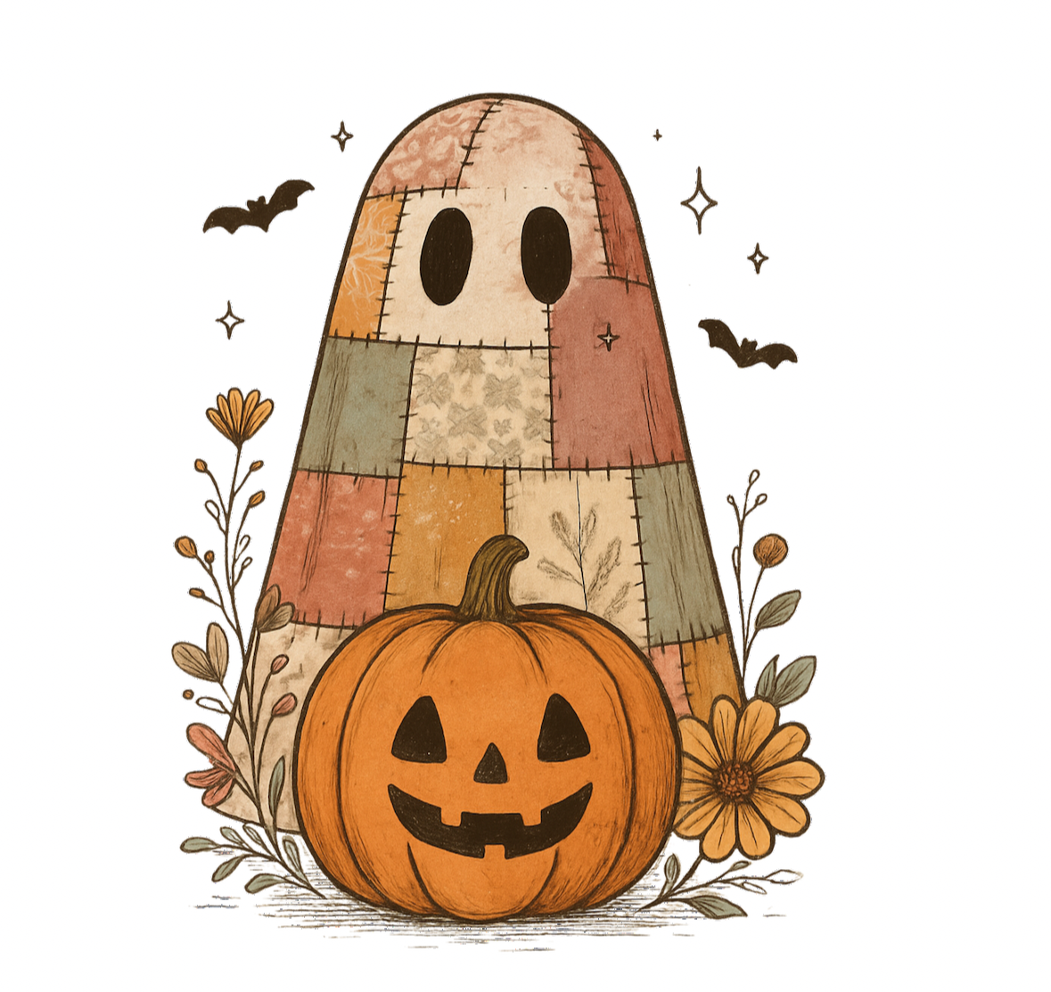 Fall ghost print (small pumpkin on the front of Tshirt, whole image on the back, tote bag full image)
